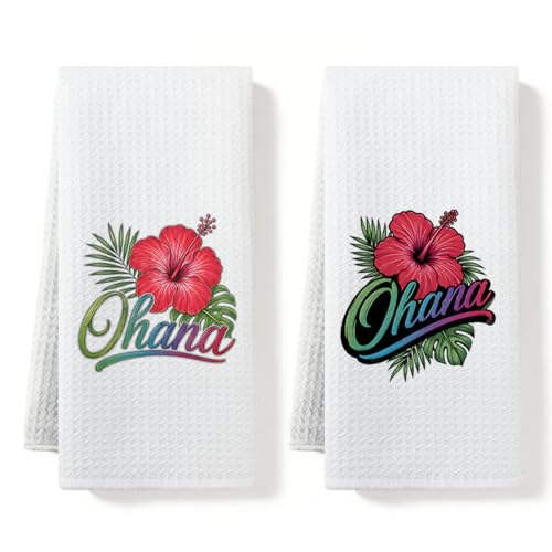 Vintage Ohana Hawaii Hibiscus Kitchen Towels Set of 2 Hawaiian Bathroom Kitchen Decor Waffle Absorbent Tea Towels Flower Dish Towel Summer Decorative Hand Towel Housewarming Gifts, 14x24 Inches - color: Multi0210