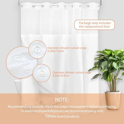 Tititex Fabric Snap-in Replacement Shower Curtain Liner 56x49 Inch Waterproof Removable with Magnets (Fits 60x71 Inch Bath Curtain), White - size: 56"W x 49"L (Pack of 1)