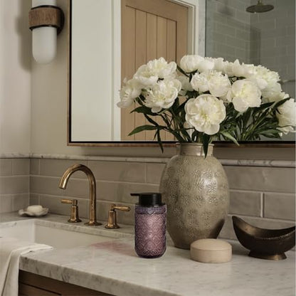 13.5 oz Glass Soap Dispenser, Luxurious Floral Embossed Glass Bathroom Countertop Foaming Pump for Kitchen Vanity (Pink) - color: Pink