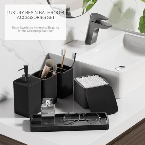 Matte Black Bathroom Accessories Set 5 Pieces, Resin Toothbrush Holders Set Complete with Soap Dispenser, Toothbrush Holder, Vanity Tray, Bathroom Tumbler and Qtip Holder for Small Spaces - size: 5 Pcs Bathroom Set, style: Black
