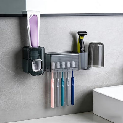 5 Slots Wall Mount Toothbrush Holder with Cover, Self Adhesive Toothbrush Storage Organizer for Shower, Toothbrush Cup Hanger with Automatic Toothpaste Squeezer Dispenser - color: Gray Combination