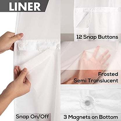 River Dream Extra Long No Hook Shower Curtain with Snap-in Liner, White | 71W x 86H, Snap on/off Waterproof PEVA Liner, See Through Top Window, Slub Textured, XL Hotel Style Shower Curtain Set - color: White, size: 71"W x 86"L (Pack of 1)