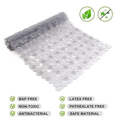 WELTRXE Non Slip Bathtub Mat 35 x 16 Inches Pebbles Shower Mats with Suction Cups, Drain Holes for Bathroom Showers, Tub, Machine Washable Bathroom Mats BPA, Latex Free Safe Tub Mats - Clear Gray - color: Pebbles-clear Gray, size: 35" x 16" (Rectangular)