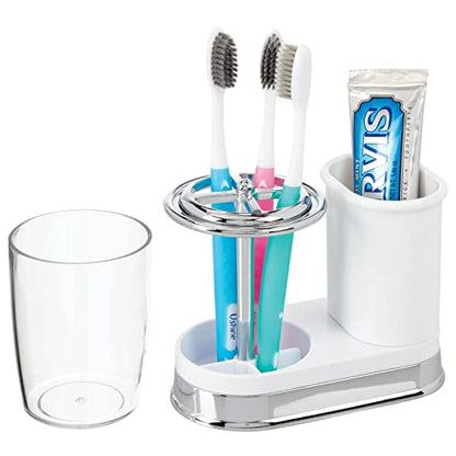 mDesign Plastic Toothpaste and Toothbrush Holder Center with Cup/Cover - Organizer for Bathroom Vanity Countertop - Holds Paste, Floss, Accessories - Hyde Collection - White/Chrome - color: White/Chrome