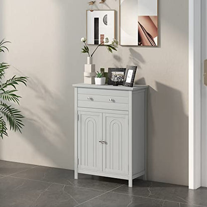 COSTWAY Bathroom Floor Cabinet, Wooden Side Storage Organizer w/Larger Drawer, Adjustable Shelf & 2-Door Cupboard, Freestanding Storage Cabinet for Living Room, Kitchen, Entryway (Grey) | Larger Drawer, Adjustable Shelf & 2-Door Cupboard, Freestanding Sto