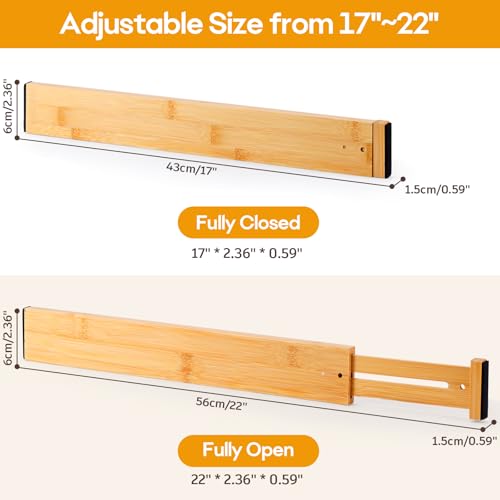 Bamboo Drawer Dividers Organizers, Kitchen Drawer Dividers for Clothes, Adjustable Drawer Separators for Dresser, Bedroom, Bathroom, Office, 4 Pack, 17“-22” - size: 17"-22"