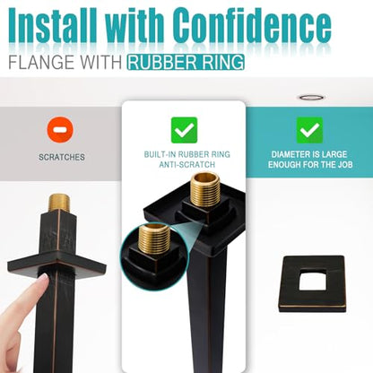 Oil Rubbed Bronze Shower Arm with Flange and Teflon Tape for High Ceiling Fixed Rain Showerhead, Universal Connection 16-inch Square Straight Shower Head Extender Extension Pipe, 304 Stainless Steel - color: Oil Rubbed Bronze, style: 16inch
