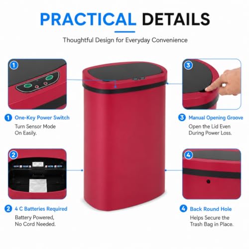 13 Gallon Kitchen Trash Can with Lid,Automatic Touchless Garbage Can for Kitchen,PP Plastic Motion Sensor Trash Can,Tall Large-Capacity Trash Bin,Hands-Free Smart Waste Bin for Home - color: Red