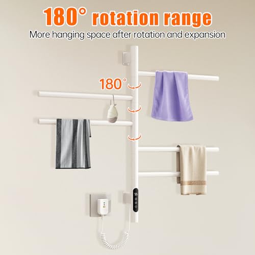 Heated Towel Racks for Bathroom, 180° Swivel Electric Towel Warmer Rack with Touch Panel, Multi-Level Timer & Temperature Adjustments, Wall Mounted 5 Bars Hot Towel Rack (White-01) - color: White, size: G63