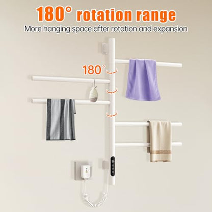 Heated Towel Racks for Bathroom, 180° Swivel Electric Towel Warmer Rack with Touch Panel, Multi-Level Timer & Temperature Adjustments, Wall Mounted 5 Bars Hot Towel Rack (White-01) - color: White, size: G63