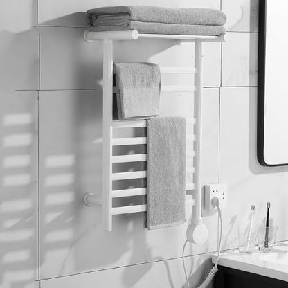 Wall Mounted Towel Warmer Rack, 8 Bars Heated Towel Warmer Rack with Intelligent Digital Display,Built-in Smart Timer,104℉-149℉, with Top Shelf for Bathroom (White)