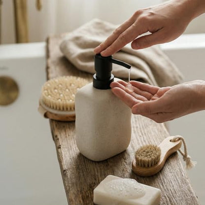 EMPO Ceramic Hand Soap Dispenser with Matte Black Pump, Stone-Textured Wabi-Sabi Liquid Dispenser for Bathroom Vanity and Kitchen Sink (440ml/14.8oz) - size: 440 ml
