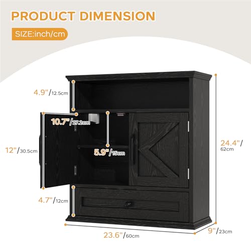 Bathroom Wall Cabinet, Wall Mounted Medicine Cabinet 24.4"H x 23.6"W x 9"D | With Drawer, Barn Doors & Adjustable Shelf, Black Over Toilet Farmhouse Storage Cabinet for Kitchen, Laundry Room, Entryway - color: Black