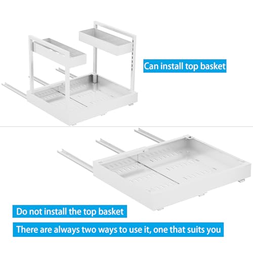 NEWMATIC Adjustable Under Sink Organizer Pull Out Drawers, 2-Tier Slide Out Cabinet Storage Shelf for Kitchen Sink, Height & Width Extendable White, 15''D x 13''-20.5''W x 15''H(1Pack)