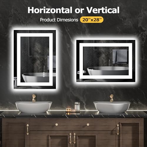 Hivone 28"X20" LED Bathroom Mirror with Lights, Anti-Fog, Dimmable, Backlit + Front Lit, Smart Bathroom Vanity Mirror, Memory Function, Shatterproof, Tempered Glass (Horizontal/Vertical) - size: 28"L x 20"W