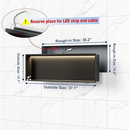 Qeke 36" X 12" Stainless Steel Shower Niche w/ 3 CCT Dimmable Light, Black | No Tile Needed Wall Niche, Recessed Niche w/ Light(3000K/4000K/6000K), IP66 Waterproof, Space Saving & Durable - color: Matte Black, size: 36" X 12"