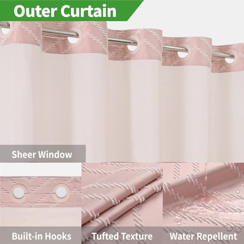 Blush Pink No Hook Shower Curtain with Snap-in Liner Set,Boho Modern Farmhouse White Tufted Chevron Striped Design,Woven Fabric Bathroom Curtain,71x74 - color: White Pink, size: 71"W x 74"L (Pack of 1)