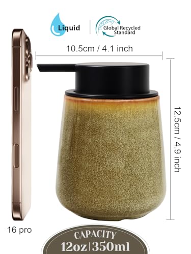 INGOFIN Ceramic Lotion Dispenser - 12 oz Refillable Hand Soap Dispenser Bathroom, Modern Liquid Soap Dispenser with Pump, Dish Dispenser for Kitchen,Kiln-Glazed Earthy Yellow-Brown - color: Yellow Brown