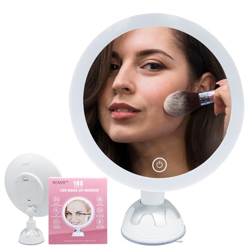 REMIR Vanity Mirror with Lights - 10X Magnifying Makeup Mirror with Suction Cup Base Mounts to Walls, Glass, Doors and Countertops - Smart Touch Control, 3 Dimmable Light Settings and 360 Swivel