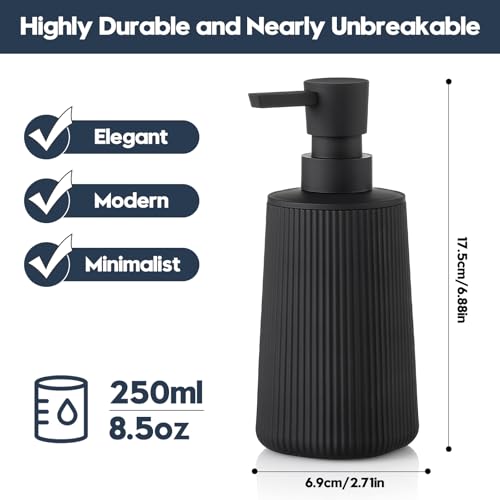 YAUKPH Small Soap Dispenser for Bathroom and Kitchen Matte Black | Modern Farmhouse Striped Style Plastic Hand Soap Dish Soap Dispenser with Pump - color: Black