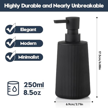 YAUKPH Small Soap Dispenser for Bathroom and Kitchen Matte Black | Modern Farmhouse Striped Style Plastic Hand Soap Dish Soap Dispenser with Pump - color: Black
