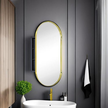 Brushed Gold Oval Recessed Bathroom Medicine Cabinet with Mirror Stainless Steel Metal Framed Oblong Pill Shaped Bathroom Cabinet with Mirror 16x33'' - color: Brushed Gold