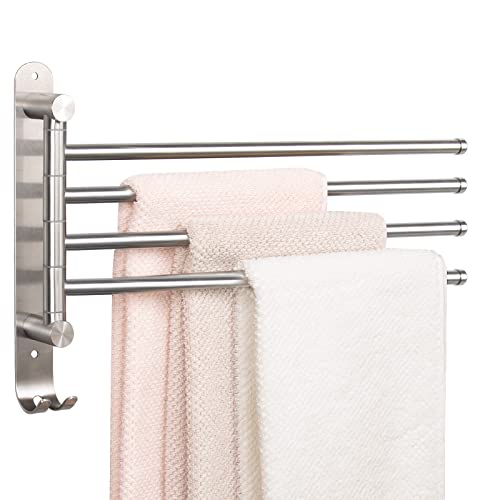 NearMoon Swivel Towel Rack, 13.8" Thicken 304 Stainless Steel 4-Arm Towel Bar, Space Saving Wall Mounted Towel Holder with Hook, Rustproof Swing Out Towel Hanger for Bathroom, Kitchen (Brushed Nickel) - color: Brushed Nickel, size: 13.8 Inch