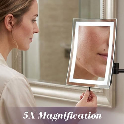 JERDON Hardwired Wall-Mount Makeup Mirror - 5X/1X - Black - JRT710BKLD | 6.5" x 9" Rectangular Frame, LED Lighting, Direct Wire Install - color: Black Direct Wire