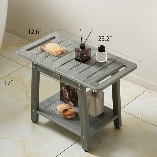 Large Shower Bench, Heavy Duty HDPS Shower Stool for Inside Shower, 2 Tier Shower Chair Seat with Shelf for Bath, Waterproof Shower Foot Rest for Shaving Legs with Adjustable Feet, Gray - color: Oil-printed Gray