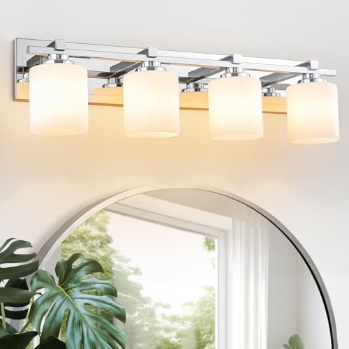 Modern Bathroom Light Fixtures Over Mirror, Vanity Lights for Bathroom Wall Sconces with Milky White Glass Shades, E26 Socket (Bulbs Not Included), 4 Light, Chrome - color: Chrome - Milky White Glass Shades, size: 4-Lights