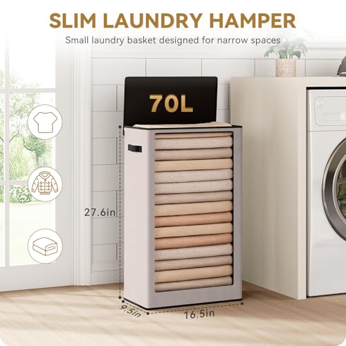 SOLEDI Slim Laundry Hamper with Lid, Narrow Laundry Basket with Removable Bags, Dirty Clothes Hamper with handle, Small Hamper perfect for Laundry room, Bathroom, Bedroom, Small spaces.Light taupe - color: Light taupe, size: 70L