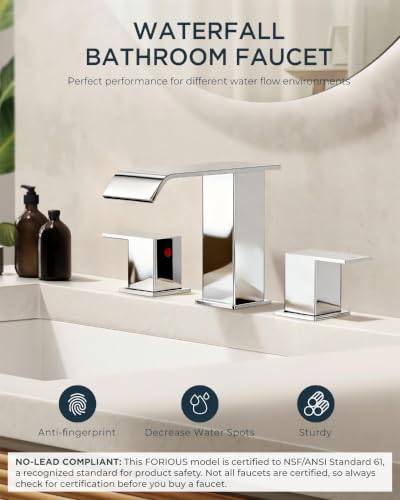 FORIOUS Bathroom Faucet 3 Hole 8 Inch Widespread Vanity Sink Faucets Chrome | 3-hole 4-12 Inch Widespread Sink, Square Waterfall Spout, with Drain and Hoses,for Vanity Rv Commercial Lavatory Restroom - color: Chrome