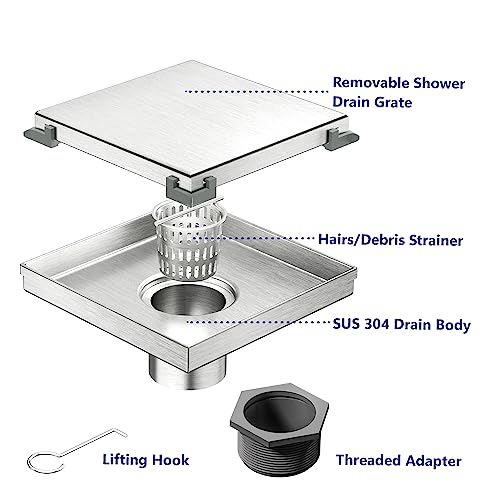 Neodrain 6" Brushed Square Shower Drain with Removable Tile Insert Grate | 304 Stainless Steel Tile Square Drain, Hidden Drain,Easy to Clean, Waterproof & Sturdy Shower Drain, CUPC Certified - color: Brushed, size: 6 IN