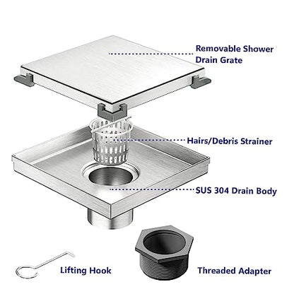 Neodrain 6" Brushed Square Shower Drain with Removable Tile Insert Grate | 304 Stainless Steel Tile Square Drain, Hidden Drain,Easy to Clean, Waterproof & Sturdy Shower Drain, CUPC Certified - color: Brushed, size: 6 IN