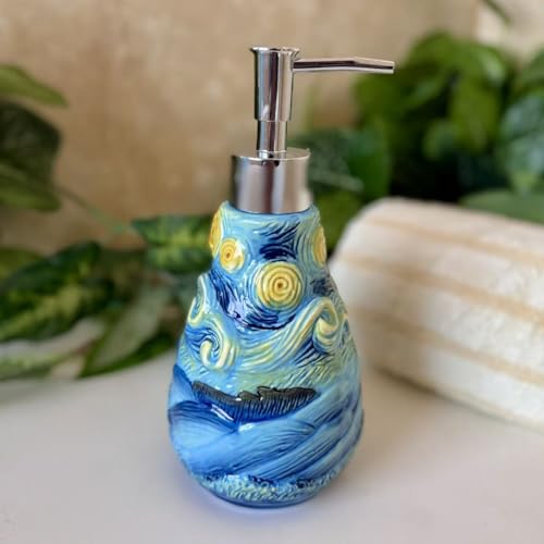 4 Piece Van Gogh Starry Night Ceramic Bathroom Accessory Set, Blue Art Decor with Soap Dispenser, Toothbrush Holder, Tumbler, Soap Dish