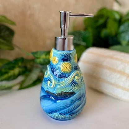 4 Piece Van Gogh Starry Night Ceramic Bathroom Accessory Set, Blue Art Decor with Soap Dispenser, Toothbrush Holder, Tumbler, Soap Dish