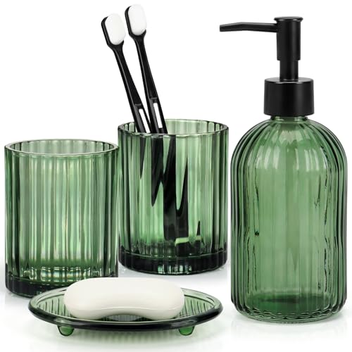 Bathroom Accessories Set, 4Pcs Glass Bathroom Accessories Sets Complete Lotion Soap Dispenser, Toothbrush Holder, Mouthwash Cup, Soap Dish for Bathroom Decor, Countertop Organizer (Green) - color: Green