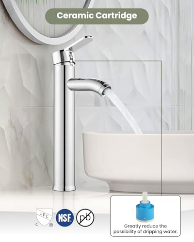 gotonovo Bathroom Vessel Sink Faucet Metal Pop Up Drain, Polish Chrome | Tall Bathroom Faucet 1 Hole Single Handle Modern Round Body, cUPC Water Supply Hoses, for Basin Vanity Lavatory Restroom Rv - color: Chrome