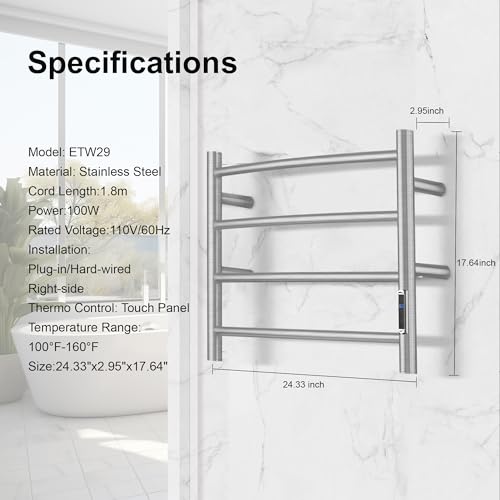 Towel Warmer with Built-in Timer for Bathroom Wall Mounted Bath Towel Heater Plug-in Electric Heated Towel Rack Brushed ETW29 - color: Round Brushed With Timer, size: 4 Bar