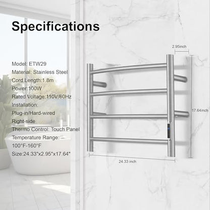Towel Warmer with Built-in Timer for Bathroom Wall Mounted Bath Towel Heater Plug-in Electric Heated Towel Rack Brushed ETW29 - color: Round Brushed With Timer, size: 4 Bar