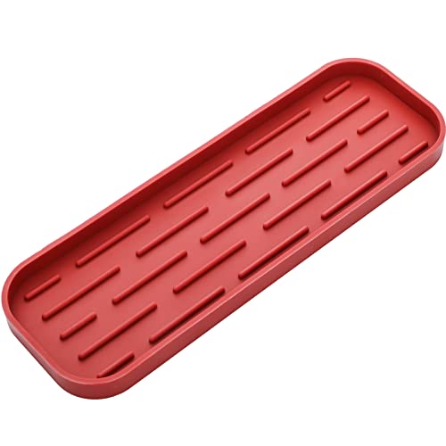 MicoYang Silicone Kitchen Sink Organizer Tray for Multiple Usage,Eco-Friendly Sponges Holder for Kitchen Bathroom Counter or Sink,Dish Soap Dispenser,Scrubber,Bottle,Cup (Red, 12"×4") - color: Red, size: 12" x 4" x 0.7"