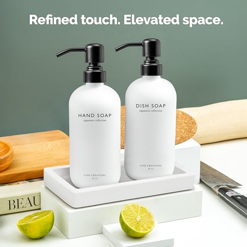 Vine Creations Glass Soap Dispenser Set, Kitchen Soap Dispenser Set with Ceramic Tray, 16 oz Dish Soap and Hand Soap Dispenser Set with Stainless Steel Pump Decor (White Bottle/Matte Black) - color: White Bottle / Matte Black Pump