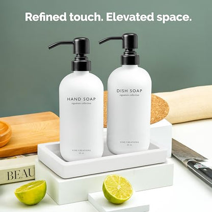 Vine Creations Glass Soap Dispenser Set, Kitchen Soap Dispenser Set with Ceramic Tray, 16 oz Dish Soap and Hand Soap Dispenser Set with Stainless Steel Pump Decor (White Bottle/Matte Black) - color: White Bottle / Matte Black Pump