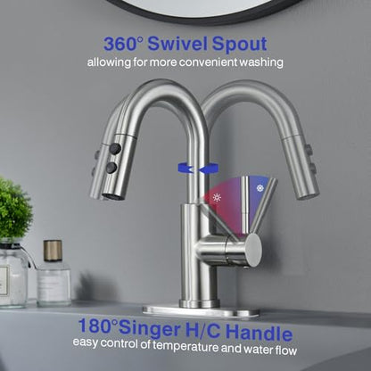 Bathroom Faucet with Sprayer, Brushed Nickel Single Hole with Pop-Up Drain | Kablle Single Handle Pull Out 1 or 3 Hole Laundry Bar Basin Faucet with Deck Plate, KBL-7002BN-CL - color: Brushed Nickel