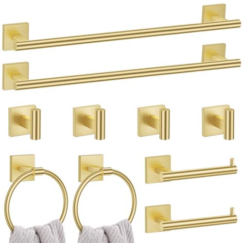 Lairuier 10-Piece Brushed Gold Bathroom Accessories, Towel Bar Set | Bathroom Hardware Set Includes SUS304 23.6" Towel Bar, Towel Ring, Toilet Paper Holder and Towel Hooks Wall Mounted - color: Brushed Gold, size: 10 Pieces - Extended