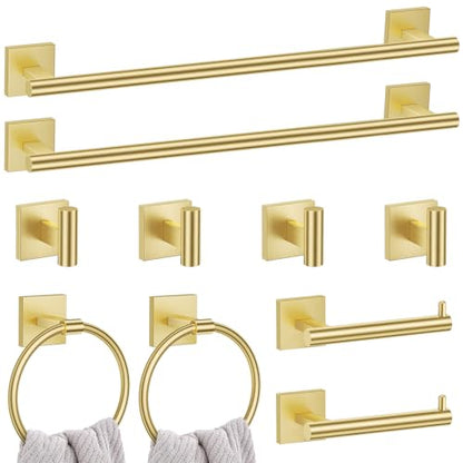 Lairuier 10-Piece Brushed Gold Bathroom Accessories, Towel Bar Set | Bathroom Hardware Set Includes SUS304 23.6" Towel Bar, Towel Ring, Toilet Paper Holder and Towel Hooks Wall Mounted - color: Brushed Gold, size: 10 Pieces - Extended