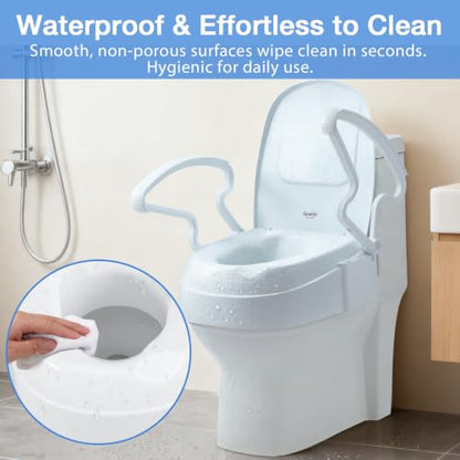 Raised Toilet Seat with Handles for Seniors, 3-Level Height Riser | with Lid, Flip-Up Arms, Fits 15.5"-19" Standard & Elongated Toilets, Secure Rear Lock, Supports 300 lbs, Easy Install