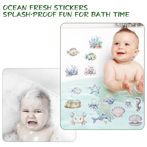 Bathtub Non-Slip Stickers for Shower - 20 PCS Bathroom Large Cute Sea Creature Anti-Slip Grips Stickers with Scraper for Kids Bath Tub and Slippery Floor Decor