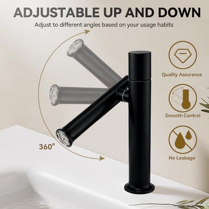 360° Rotatable Bathroom Sink Faucet, Bathroom Faucets 1 Hole 2 Water Outlet Modes, Single Handle Bathroom Faucets with Hot and Cold Hoses - color: Black