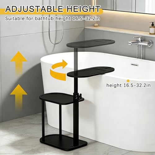 3-Tier Freestanding Bathtub Tray Table, Bamboo Swivel Bathtub Side Table with Height Adjustable Design, Standing Bath Tray for Tub Against Wall, Bathroom Organizer for Luxury Home Spa (Black) - color: Black